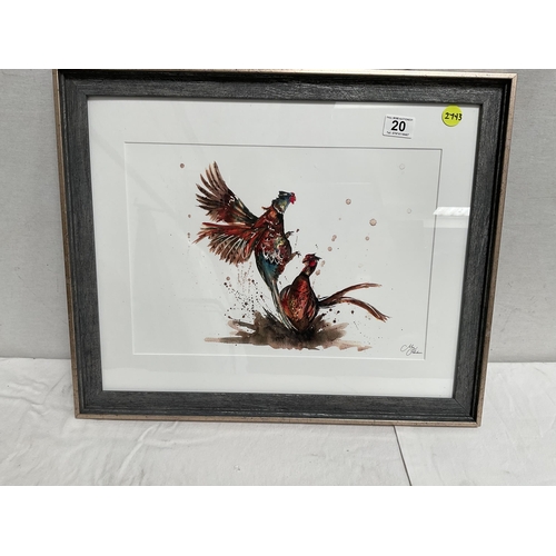 20 - SIGNED MEG HAWKINS FRAMED FIGHTING PHEASANTS PRINT - 22 X 18