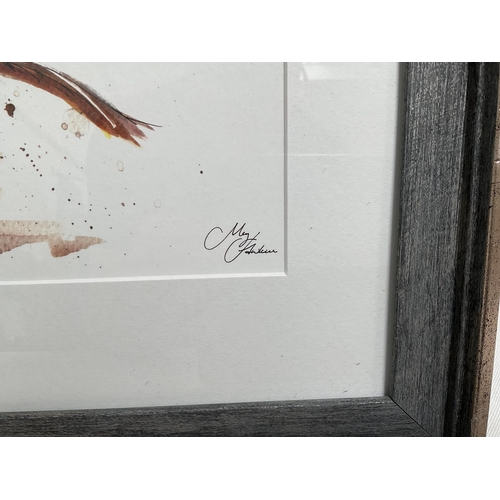 20 - SIGNED MEG HAWKINS FRAMED FIGHTING PHEASANTS PRINT - 22 X 18