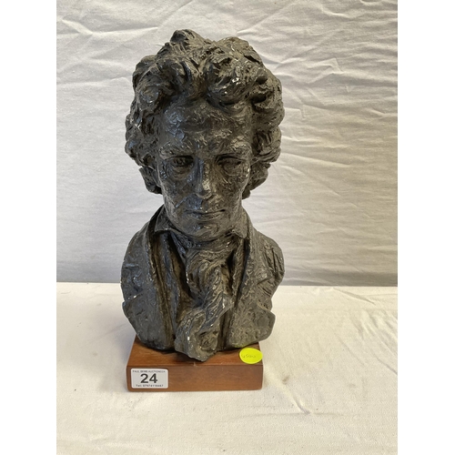 24 - CHALK BUST ON MAHOGANY PLINTH SIGNED TO REAR AUSTIN PROD DATED 1961 (POSSIBLY MOZART) H 15