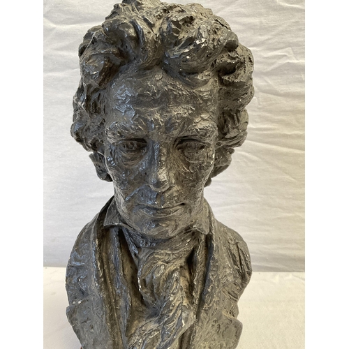 24 - CHALK BUST ON MAHOGANY PLINTH SIGNED TO REAR AUSTIN PROD DATED 1961 (POSSIBLY MOZART) H 15