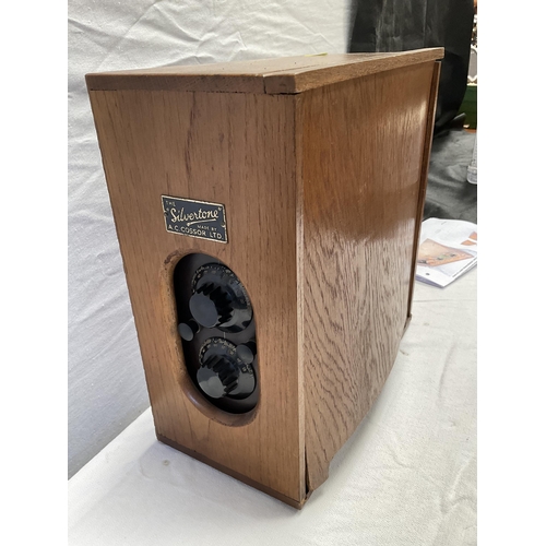 5 - VINTAGE OAK CASED RADIO WITH PLAQUE THE SILVERTONE MADE BY A C COSSOR LTD - H 13