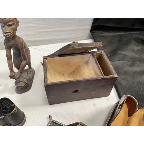 9 - BOX OF COLLECTORS ITEMS TO INCLUDE CAMERAS, SILVER PLATED COCKTAIL SHAKER, BINOCULARS, CARVED FIGURE... 