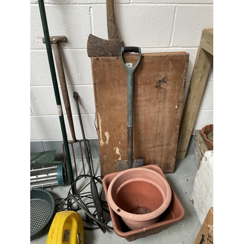 36 - QTY OF PLANT POTS, AXE, ELECTRIC PRESSURE WASHER ETC