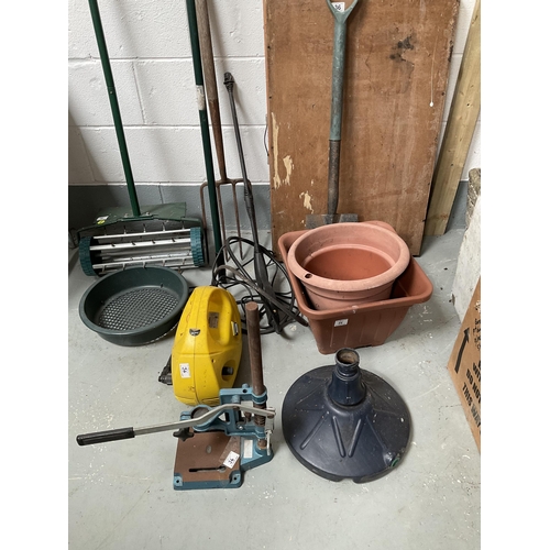 36 - QTY OF PLANT POTS, AXE, ELECTRIC PRESSURE WASHER ETC