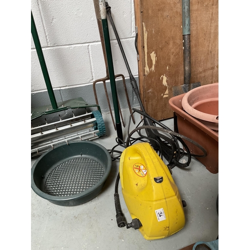 36 - QTY OF PLANT POTS, AXE, ELECTRIC PRESSURE WASHER ETC