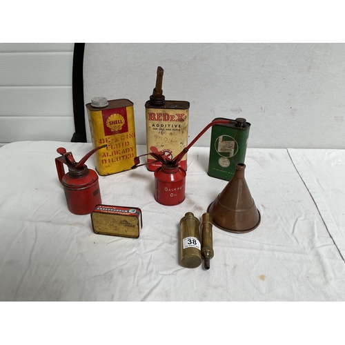 38 - QTY OF VINTAGE OIL AND MOTORING CANS GREASER ETC