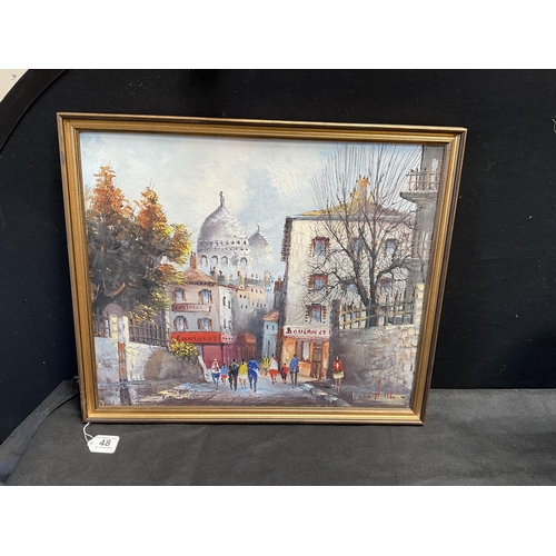 48 - MODERN FRAMED OILS ON CANVAS FRENCH STREET SCENE SIGNED TO CORNER 20