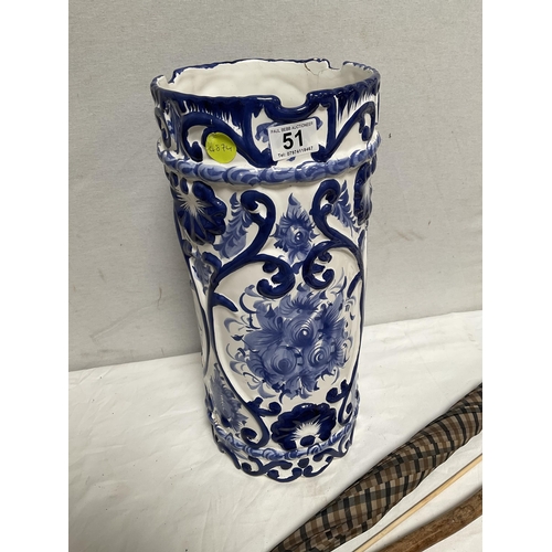 51 - BLUE AND WHITE CHINA STICK STAND A/F H18