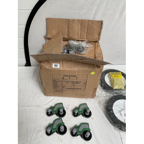 60 - 2 BOXES OF NEW CHILDRENS TRACTOR COAT HOOKS AND 4 LARGE TROLLY WHEELS