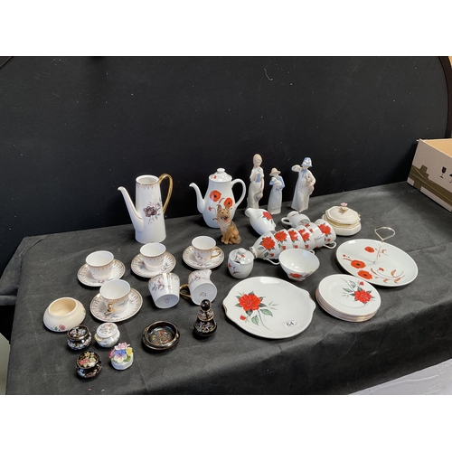 64 - BOX OF CHINA TO INCLUDE TEA SET, FIGURES ETC