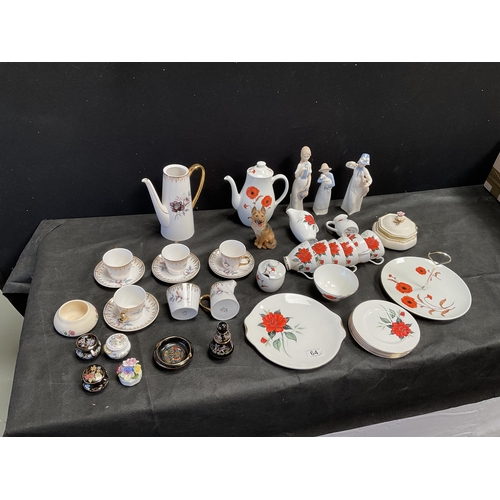 64 - BOX OF CHINA TO INCLUDE TEA SET, FIGURES ETC