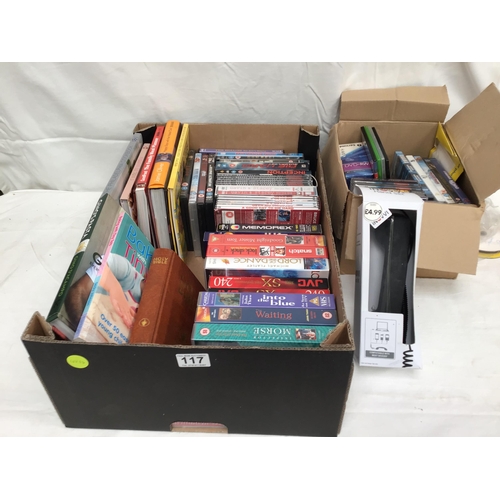 117 - 2 BOXES OF VIDEOS, DVD'S, BOOKS ETC