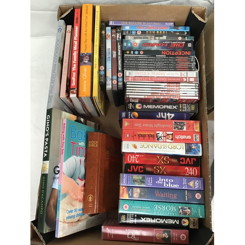 117 - 2 BOXES OF VIDEOS, DVD'S, BOOKS ETC