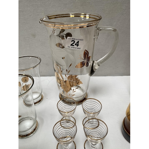 24 - 2 VINTAGE GLASS WATER SETS AND A SET OF 6 LIQUER GLASSES