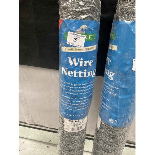 5 - 2 BRAND NEW ROLLS OF WIRE NETTING 900MM X 10MM