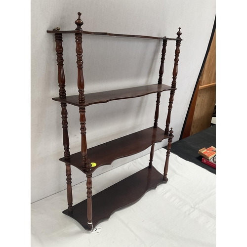 7 - 19 CENTURY MAHOGANY 4 TIER WALL SHELVES WITH TURNED SUPPORTS ON SMALL BRASS FEET - H 28