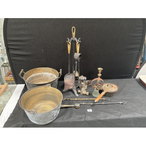 26 - BOX OF BRASSWARE TO INCLUDE 2 EARLY VICTORIAN JAM PANS, BLOW LAMP, COMPANION SET ETC