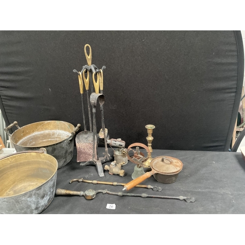 26 - BOX OF BRASSWARE TO INCLUDE 2 EARLY VICTORIAN JAM PANS, BLOW LAMP, COMPANION SET ETC