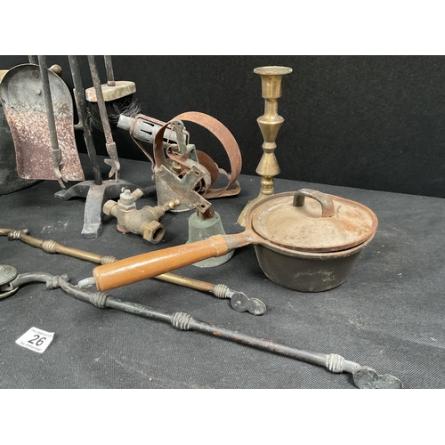 26 - BOX OF BRASSWARE TO INCLUDE 2 EARLY VICTORIAN JAM PANS, BLOW LAMP, COMPANION SET ETC