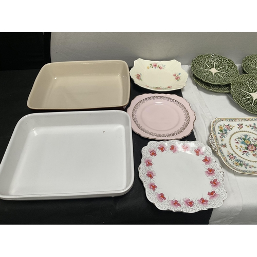 29 - BOX OF CHINA TO INCLUDE PART BONE CHINA TEA SET, PORTMERION 2 TIER CAKE STAND IN ORIGINAL BOX, PORTG... 