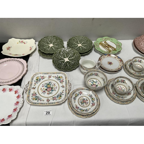 29 - BOX OF CHINA TO INCLUDE PART BONE CHINA TEA SET, PORTMERION 2 TIER CAKE STAND IN ORIGINAL BOX, PORTG... 