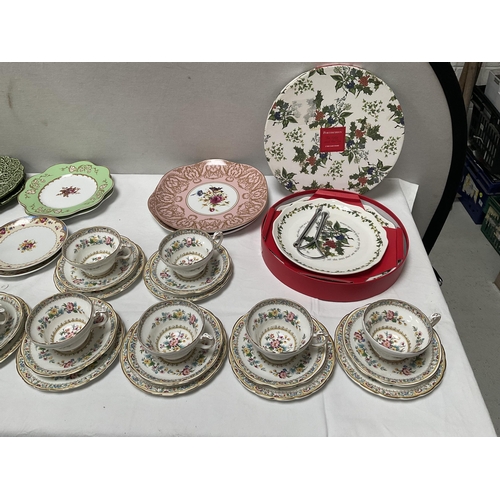 29 - BOX OF CHINA TO INCLUDE PART BONE CHINA TEA SET, PORTMERION 2 TIER CAKE STAND IN ORIGINAL BOX, PORTG... 