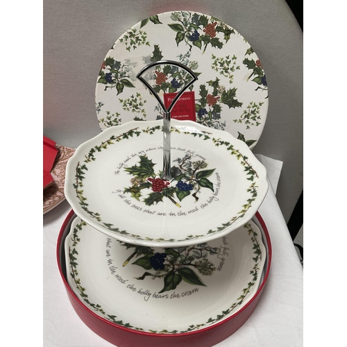 29 - BOX OF CHINA TO INCLUDE PART BONE CHINA TEA SET, PORTMERION 2 TIER CAKE STAND IN ORIGINAL BOX, PORTG... 