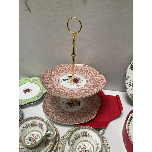 29 - BOX OF CHINA TO INCLUDE PART BONE CHINA TEA SET, PORTMERION 2 TIER CAKE STAND IN ORIGINAL BOX, PORTG... 