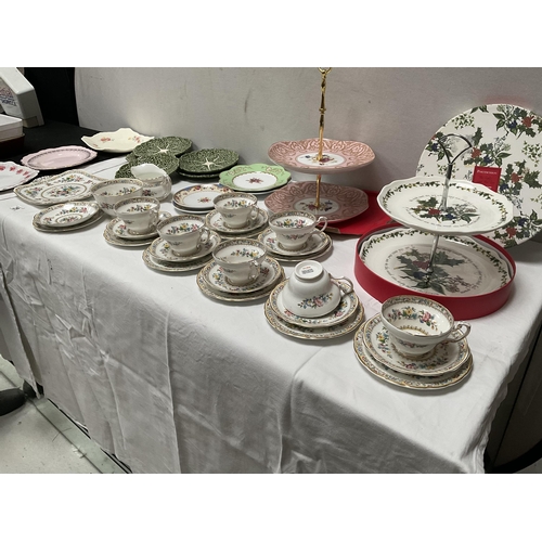 29 - BOX OF CHINA TO INCLUDE PART BONE CHINA TEA SET, PORTMERION 2 TIER CAKE STAND IN ORIGINAL BOX, PORTG... 