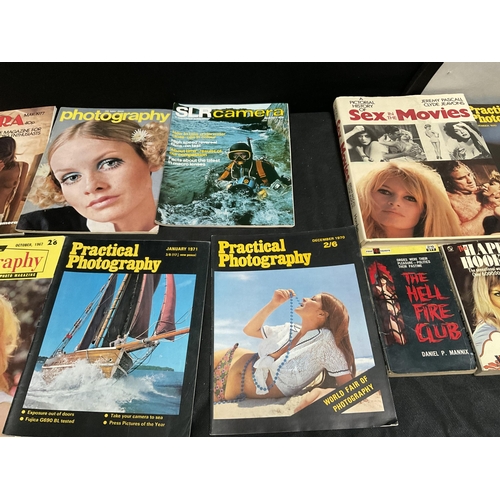 42 - 3 BOXES OF VINTAGE PHOTOGRAPHY MAGAZINES AND VINTAGE CALENDARS INCLUDING MAYFAIR, MARLBOROUGH