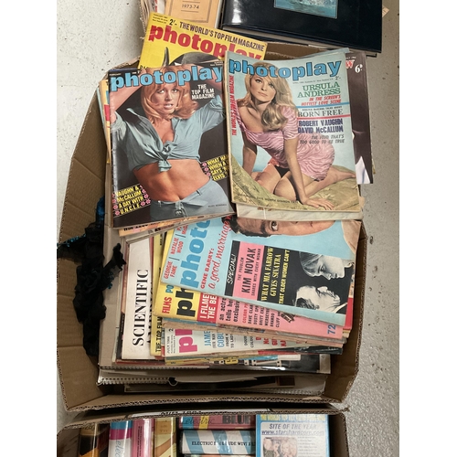 42 - 3 BOXES OF VINTAGE PHOTOGRAPHY MAGAZINES AND VINTAGE CALENDARS INCLUDING MAYFAIR, MARLBOROUGH