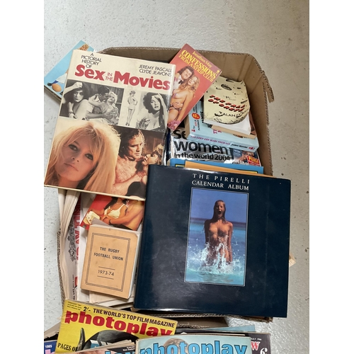 42 - 3 BOXES OF VINTAGE PHOTOGRAPHY MAGAZINES AND VINTAGE CALENDARS INCLUDING MAYFAIR, MARLBOROUGH