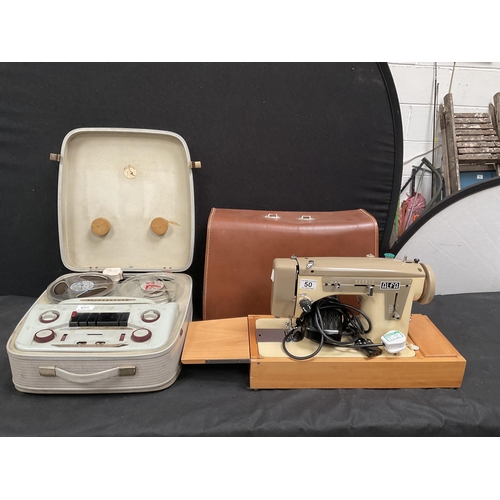 50 - ALPHA ELECTRIC SEWING MACHINE IN CASE AND A VINTAGE REEL TO REEL ELIZABETHAN TAPE RECORDER