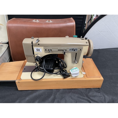 50 - ALPHA ELECTRIC SEWING MACHINE IN CASE AND A VINTAGE REEL TO REEL ELIZABETHAN TAPE RECORDER