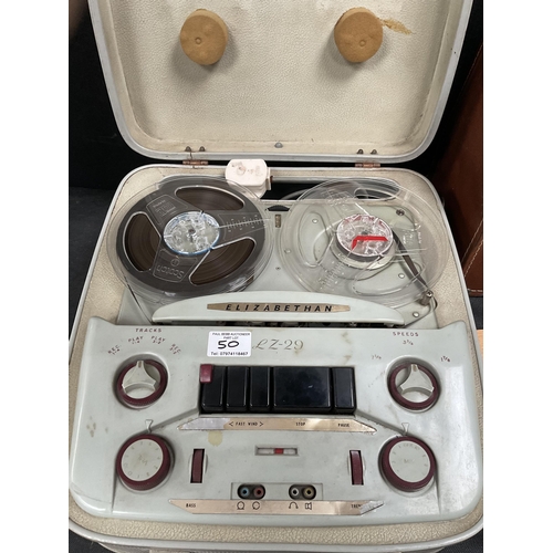 50 - ALPHA ELECTRIC SEWING MACHINE IN CASE AND A VINTAGE REEL TO REEL ELIZABETHAN TAPE RECORDER