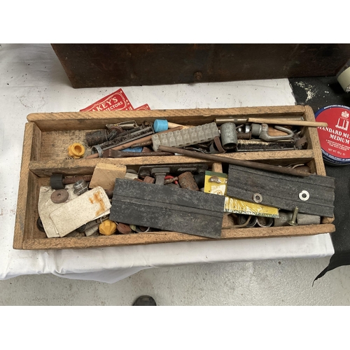 51 - VINTAGE CARPENTERS BOX AND TOOLS & A AMMUNITION BOX AND TOOLS