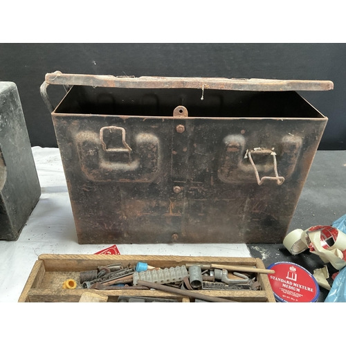 51 - VINTAGE CARPENTERS BOX AND TOOLS & A AMMUNITION BOX AND TOOLS