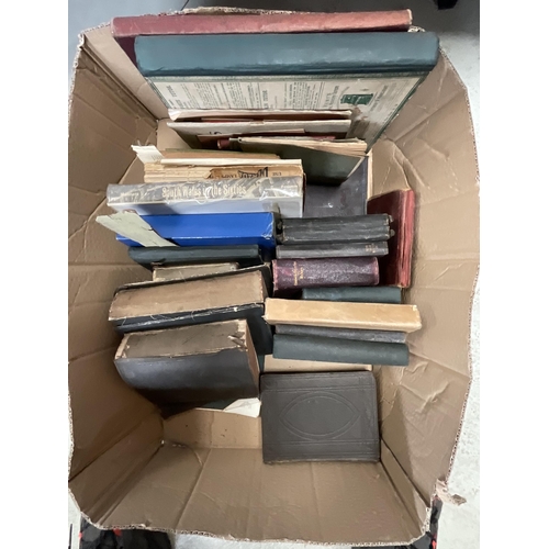 56 - 2 BOXES OF ODDS TO INCLUDE SILVER PLATED CANDLESTICKS, PICTURES, BOOKS ETC