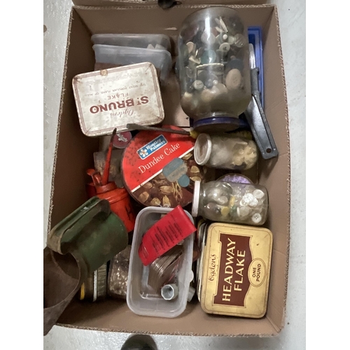 59 - 2 BOXES TO INCLUDE OILER, ROAD LAMP AND VINTAGE TINS ETC