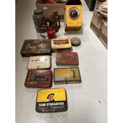 59 - 2 BOXES TO INCLUDE OILER, ROAD LAMP AND VINTAGE TINS ETC