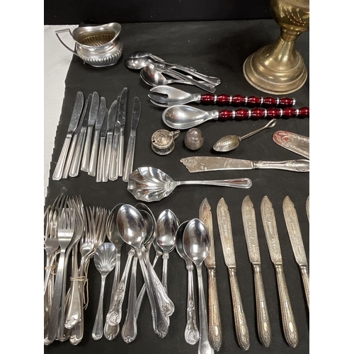 69 - BOX OF CUTLERY, OIL LAMP ETC