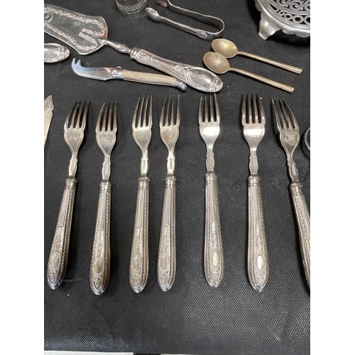 69 - BOX OF CUTLERY, OIL LAMP ETC