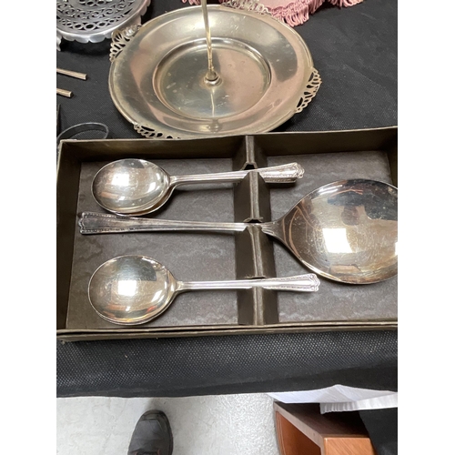 69 - BOX OF CUTLERY, OIL LAMP ETC