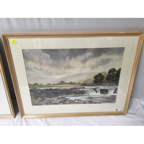 87 - FRAMED WATERCOLOUR SIGNED DUNCAN RUSSELL 1982  (WATERFALL) AND A FRAMED WATERCOLOUR SIGNED KEITH BUR... 