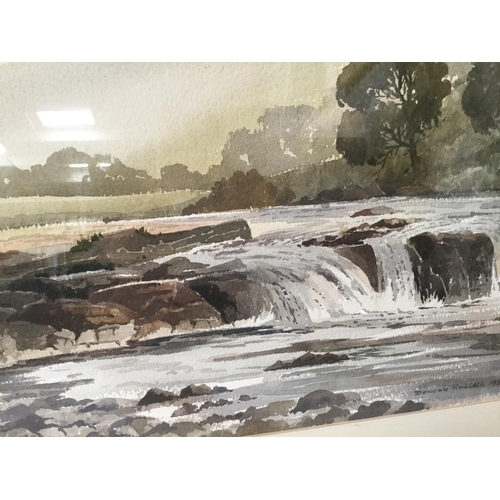 87 - FRAMED WATERCOLOUR SIGNED DUNCAN RUSSELL 1982  (WATERFALL) AND A FRAMED WATERCOLOUR SIGNED KEITH BUR... 