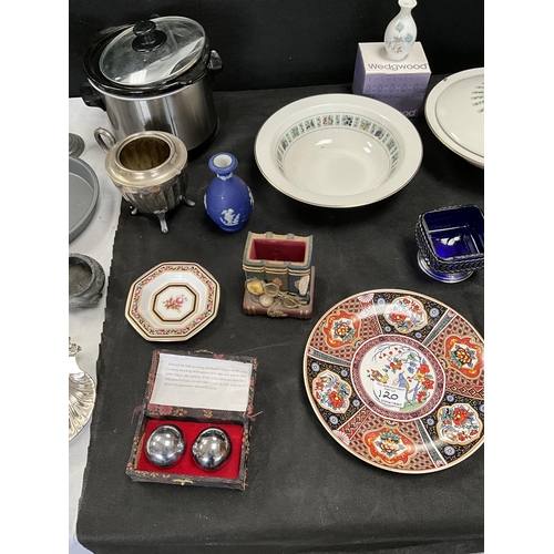 120 - 2 BOXES AND A BASKET OF ODDS TO INCLUDE ROYAL DOULTON PART DINNER SERVICE, PEWTER GOBLET, SLOW COOKE... 