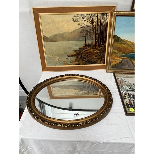 125 - LARGE QTY OF PICTURES PRINTS AND A GILT FRAMED OVAL MIRROR H28