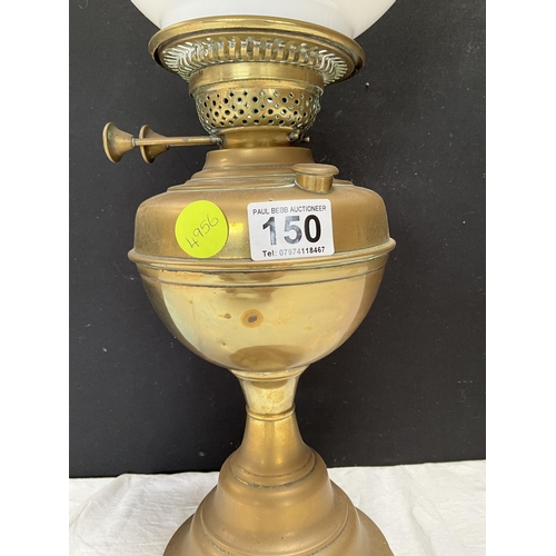 150 - VINTAGE BRASS OIL LAMP COMPLETE WITH GLASS SHADE & CHIMNEY H22