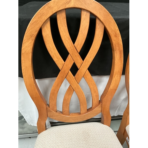 218 - 6 BEECH STRETCHERED DINING CHAIRS WITH UPHOLSTERED SEATS A/F