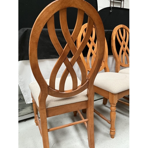 218 - 6 BEECH STRETCHERED DINING CHAIRS WITH UPHOLSTERED SEATS A/F